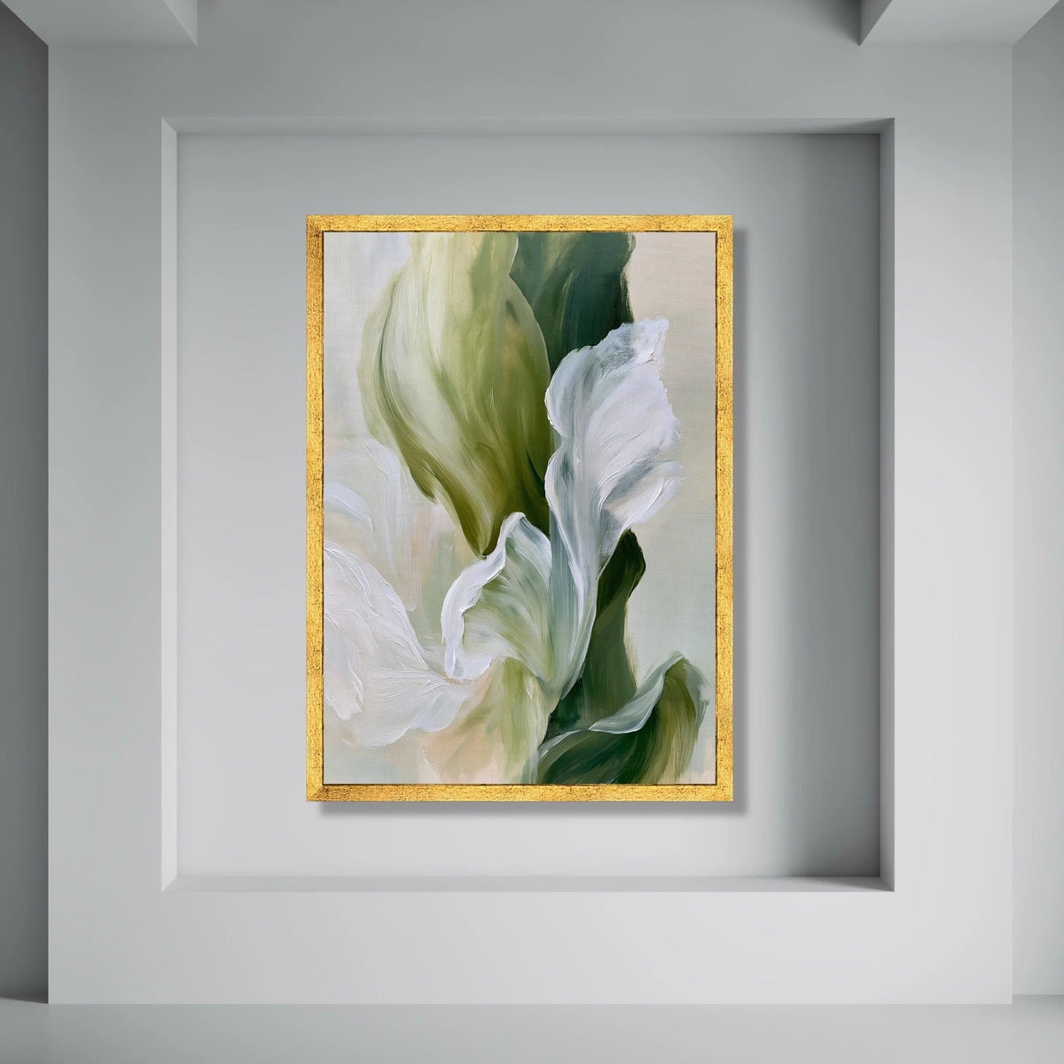 Soft White Floral Canvas, Abstract Green Leaves Wall Art, Contemporary Nature Canvas, Botanical Home Decor, Ready to Hang Painting Print Art