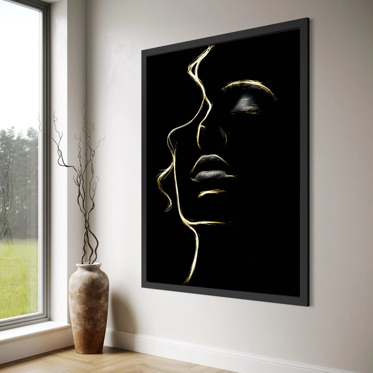 Elegant Female Face Silhouette Canvas, Golden Line Art Wall Decor, Modern Abstract Portrait Canvas, Minimalist Home Decoration Print Art