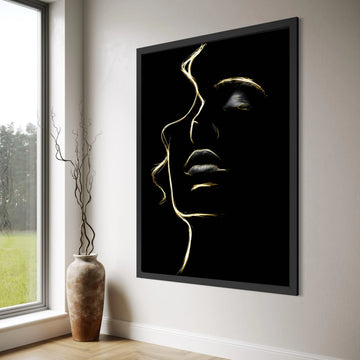 Elegant Female Face Silhouette Canvas, Golden Line Art Wall Decor, Modern Abstract Portrait Canvas, Minimalist Home Decoration Print Art