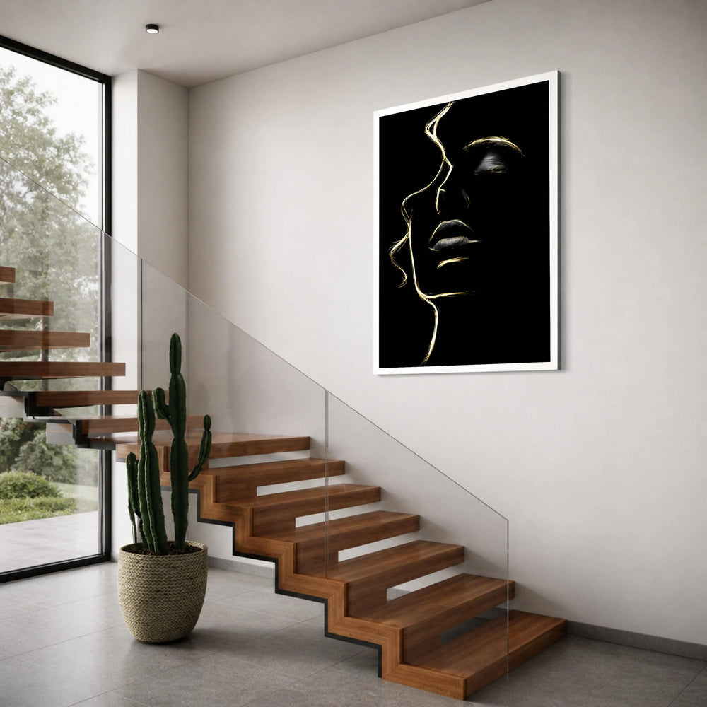 Elegant Female Face Silhouette Canvas, Golden Line Art Wall Decor, Modern Abstract Portrait Canvas, Minimalist Home Decoration Print Art