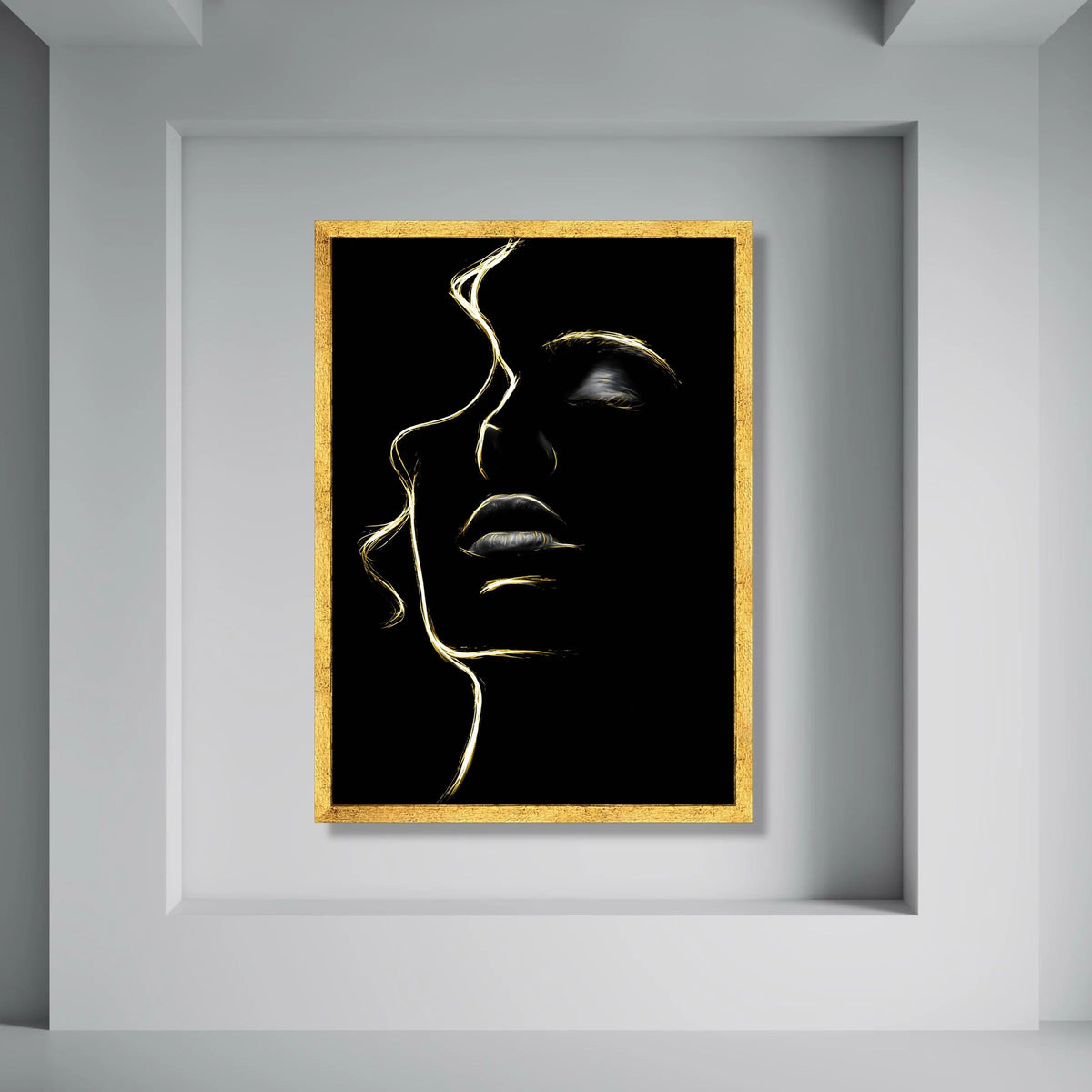 Elegant Female Face Silhouette Canvas, Golden Line Art Wall Decor, Modern Abstract Portrait Canvas, Minimalist Home Decoration Print Art