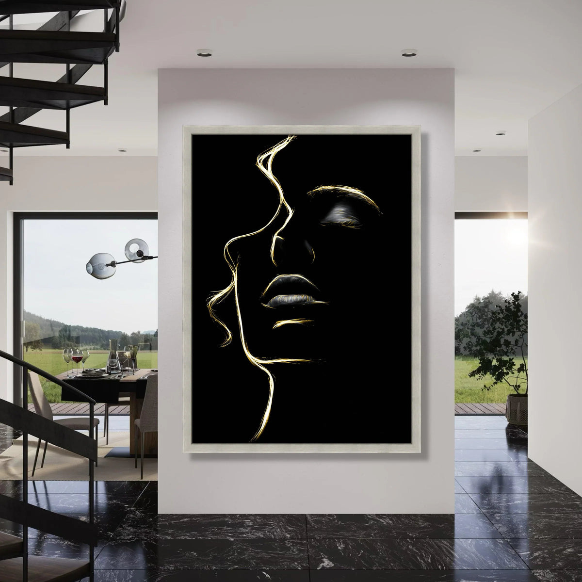 Elegant Female Face Silhouette Canvas, Golden Line Art Wall Decor, Modern Abstract Portrait Canvas, Minimalist Home Decoration Print Art