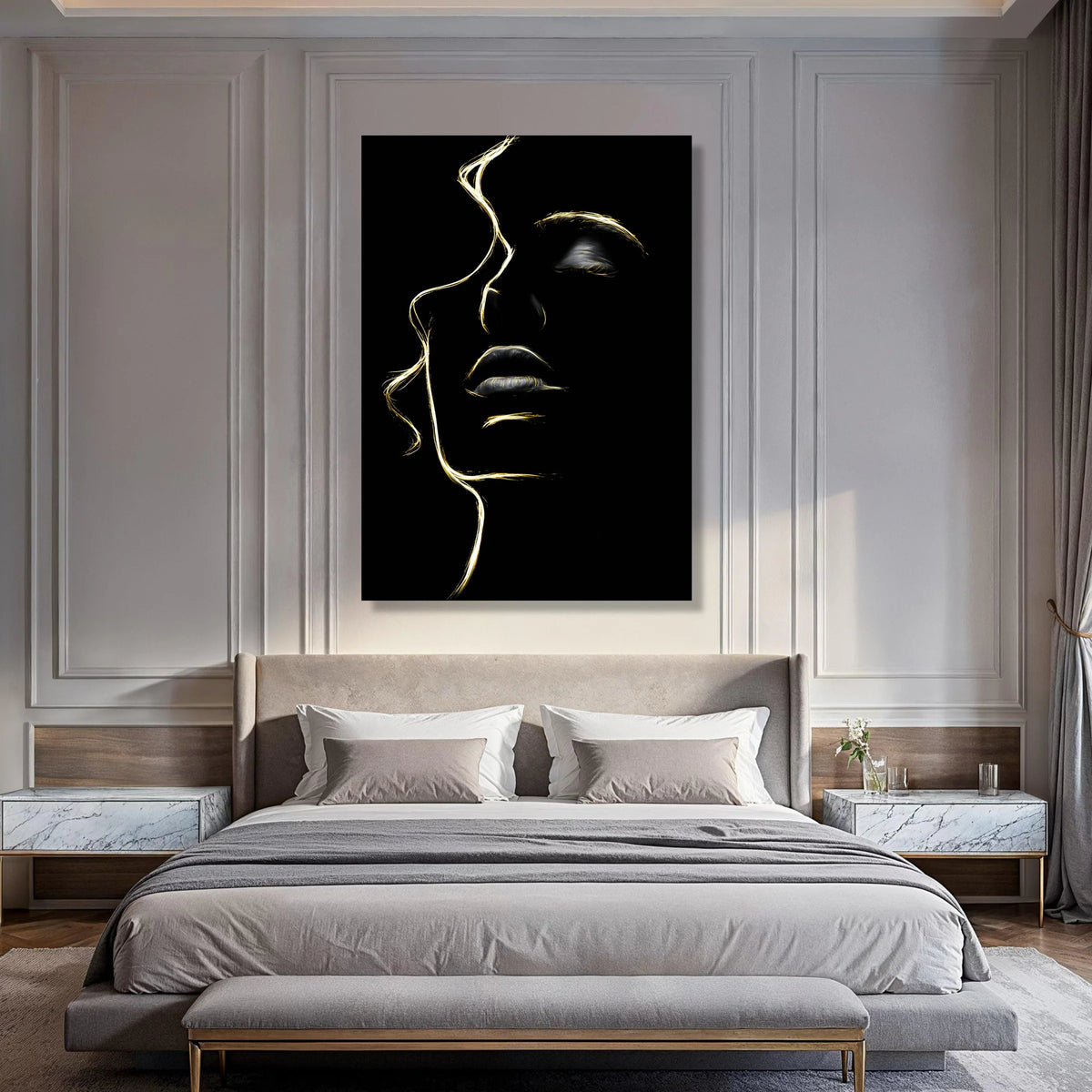 Elegant Female Face Silhouette Canvas, Golden Line Art Wall Decor, Modern Abstract Portrait Canvas, Minimalist Home Decoration Print Art