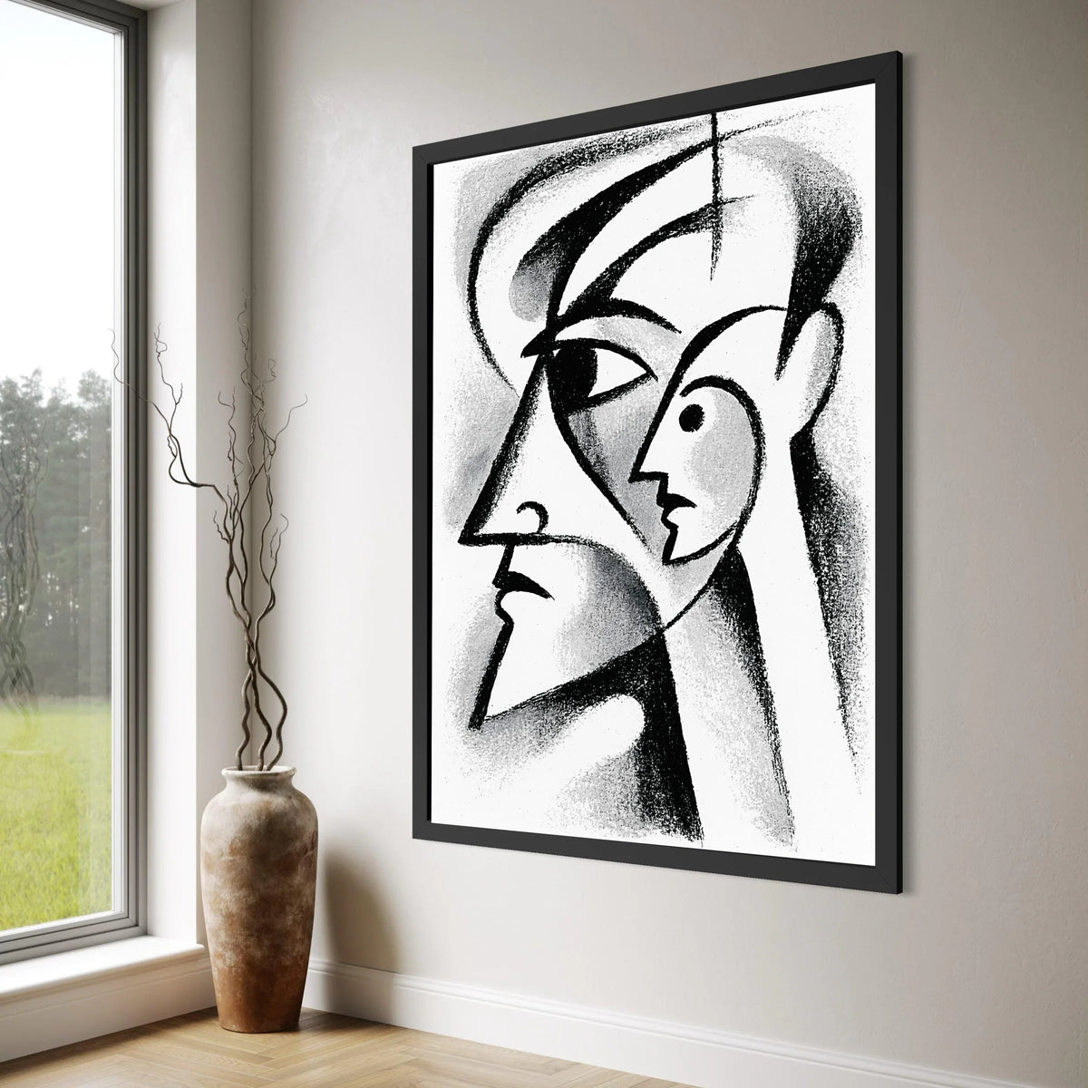 Abstract Cubism Faces Canvas, Black and White Modern Art, Geometric Portrait Wall Art, Minimalist Home Decoration, Contemporary Print Art