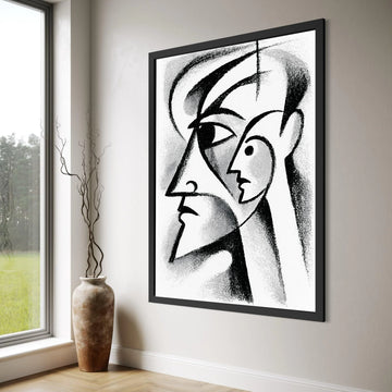 Abstract Cubism Faces Canvas, Black and White Modern Art, Geometric Portrait Wall Art, Minimalist Home Decoration, Contemporary Print Art