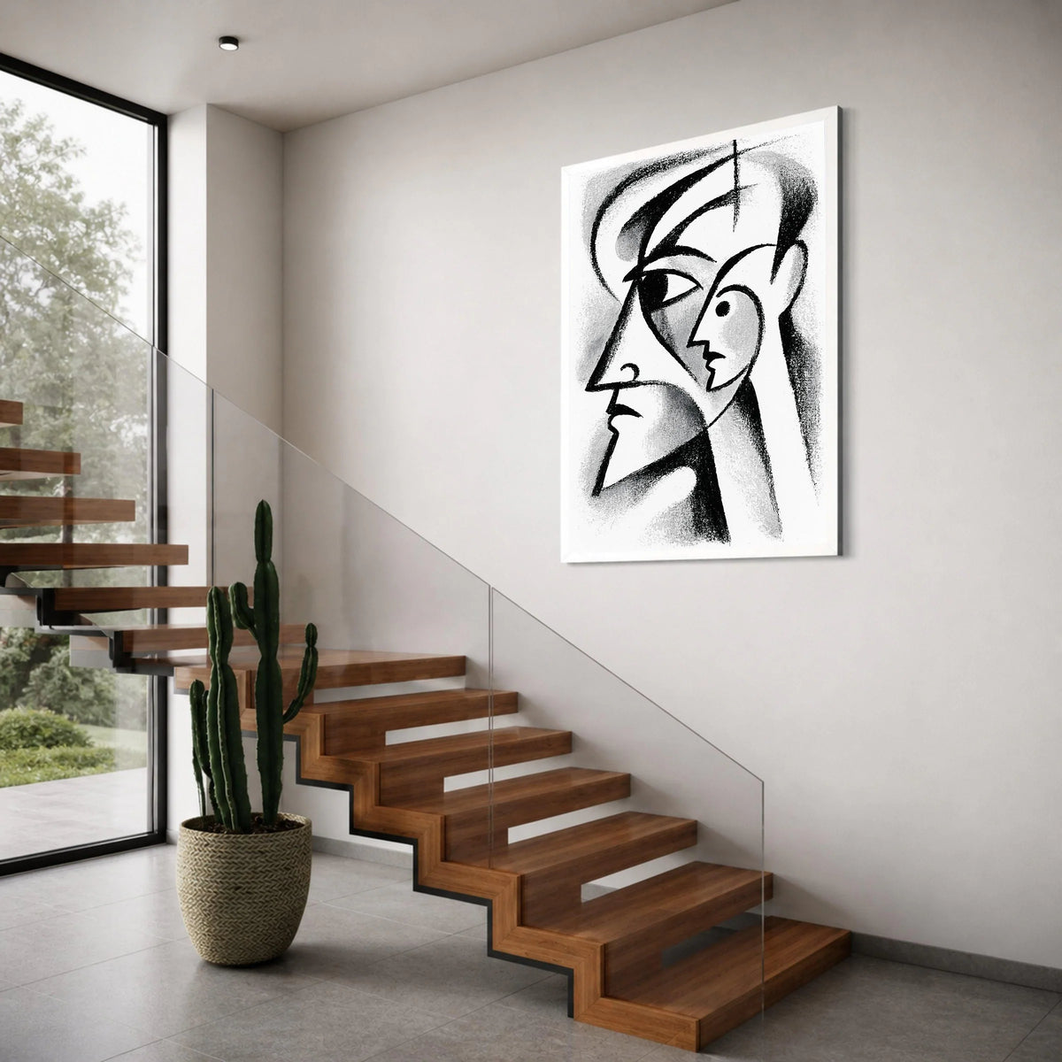 Abstract Cubism Faces Canvas, Black and White Modern Art, Geometric Portrait Wall Art, Minimalist Home Decoration, Contemporary Print Art
