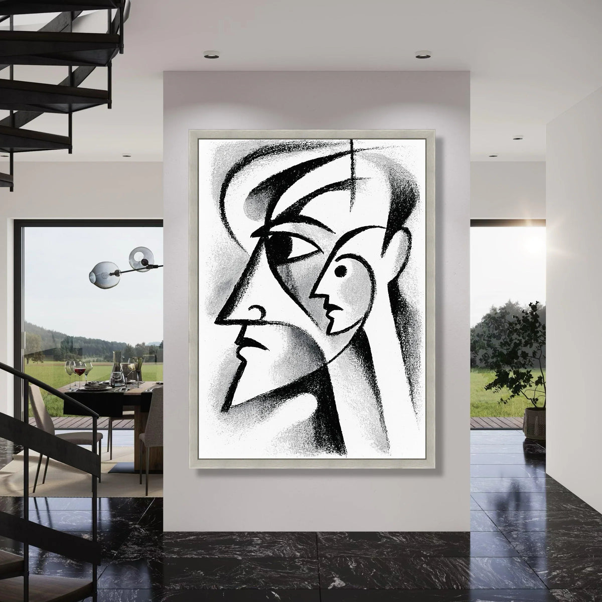Abstract Cubism Faces Canvas, Black and White Modern Art, Geometric Portrait Wall Art, Minimalist Home Decoration, Contemporary Print Art