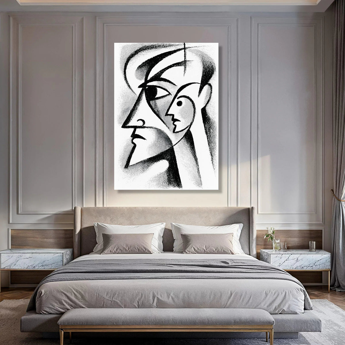 Abstract Cubism Faces Canvas, Black and White Modern Art, Geometric Portrait Wall Art, Minimalist Home Decoration, Contemporary Print Art