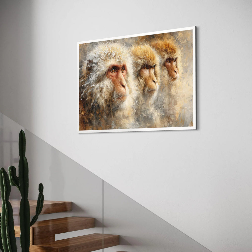 Three Curious Monkeys Canvas Wall Art, Animal Portrait Painting, Nature Wildlife Canvas, Detailed Primate Illustration, Home Decor Print Art