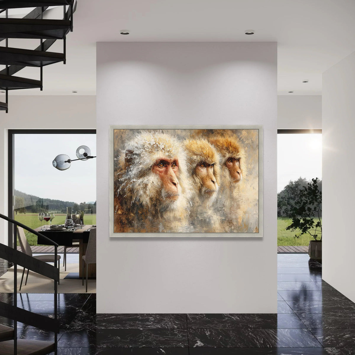 Three Curious Monkeys Canvas Wall Art, Animal Portrait Painting, Nature Wildlife Canvas, Detailed Primate Illustration, Home Decor Print Art