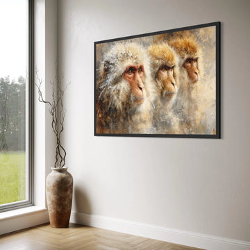 Three Curious Monkeys Canvas Wall Art, Animal Portrait Painting, Nature Wildlife Canvas, Detailed Primate Illustration, Home Decor Print Art