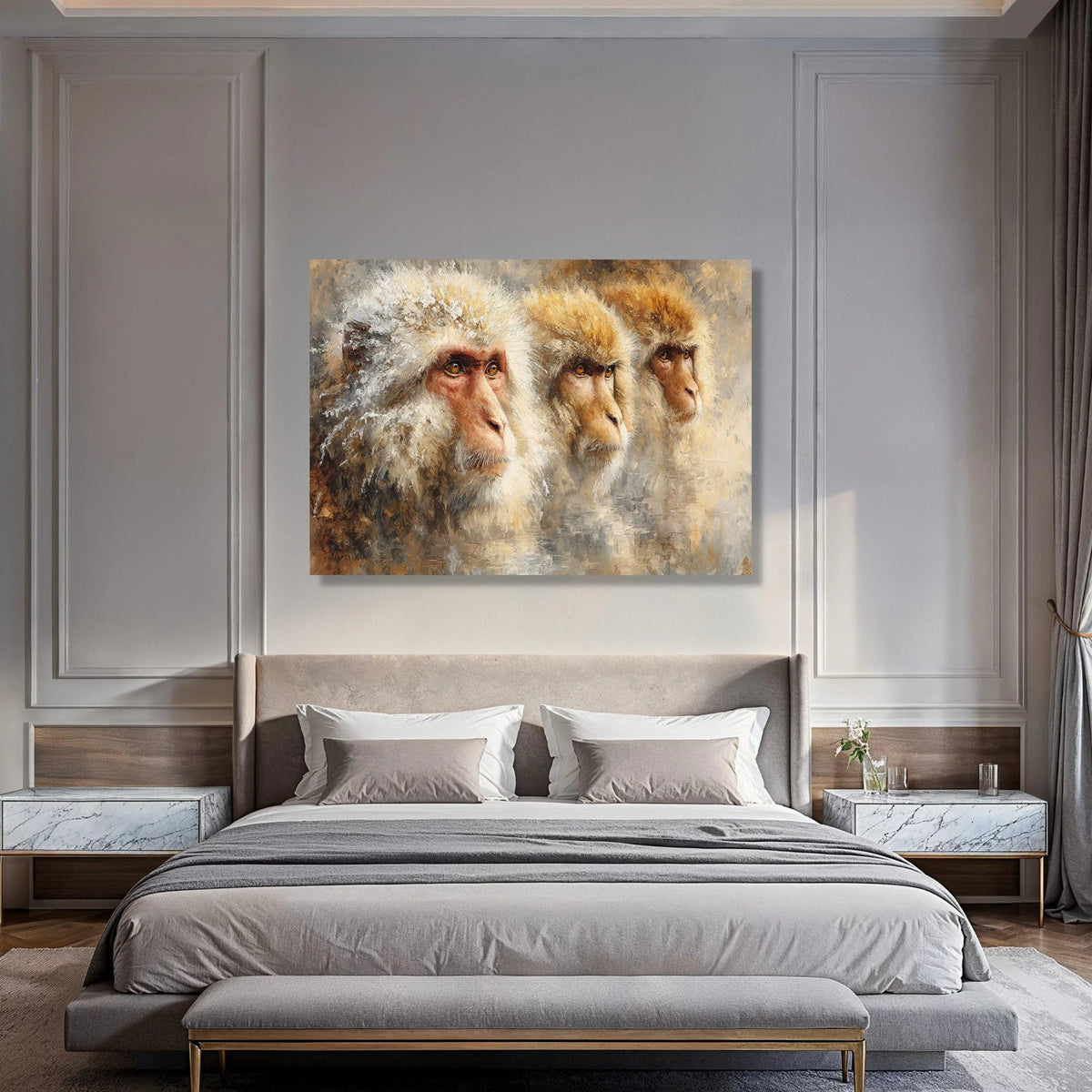 Three Curious Monkeys Canvas Wall Art, Animal Portrait Painting, Nature Wildlife Canvas, Detailed Primate Illustration, Home Decor Print Art