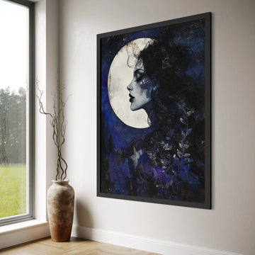 Mystical Moonlit Woman Profile Canvas, Dark Blue Night Sky Wall Art, Feminine Silhouette Canvas, Ethereal Home Decoration Print Art