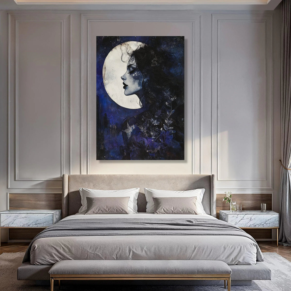 Mystical Moonlit Woman Profile Canvas, Dark Blue Night Sky Wall Art, Feminine Silhouette Canvas, Ethereal Home Decoration Print Art