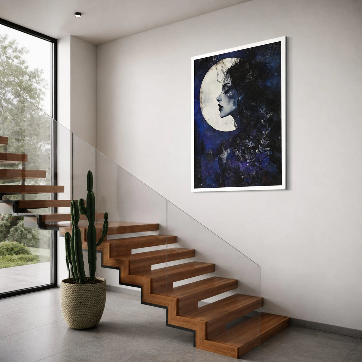 Mystical Moonlit Woman Profile Canvas, Dark Blue Night Sky Wall Art, Feminine Silhouette Canvas, Ethereal Home Decoration Print Art