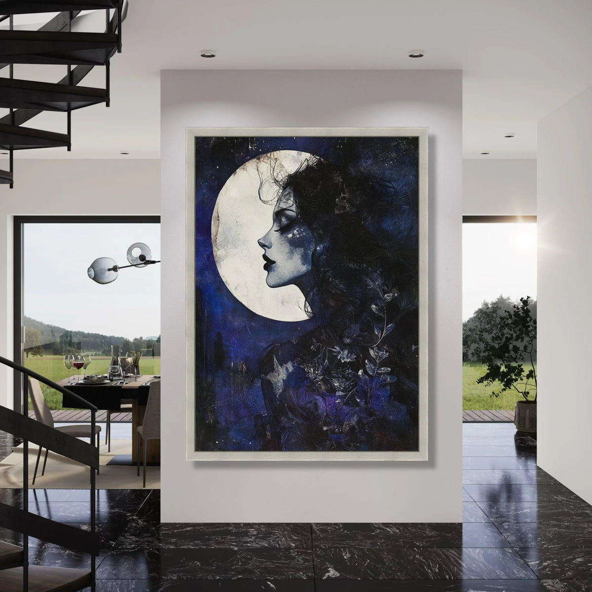 Mystical Moonlit Woman Profile Canvas, Dark Blue Night Sky Wall Art, Feminine Silhouette Canvas, Ethereal Home Decoration Print Art