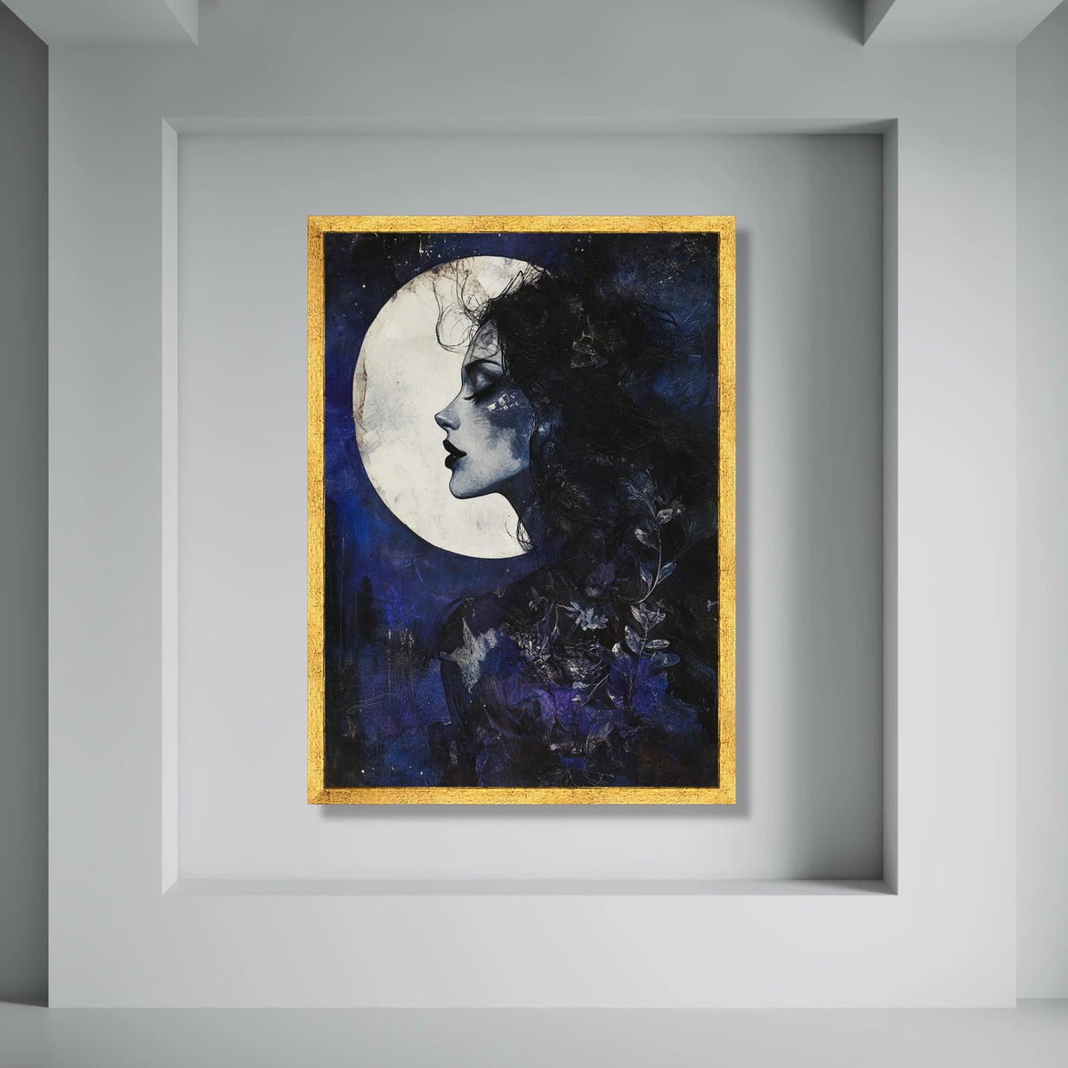 Mystical Moonlit Woman Profile Canvas, Dark Blue Night Sky Wall Art, Feminine Silhouette Canvas, Ethereal Home Decoration Print Art