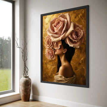 Elegant Woman with Giant Pink Roses Canvas, Floral Portrait Wall Art, Contemporary Flower Headpiece Design, Gold Background Home Print Art