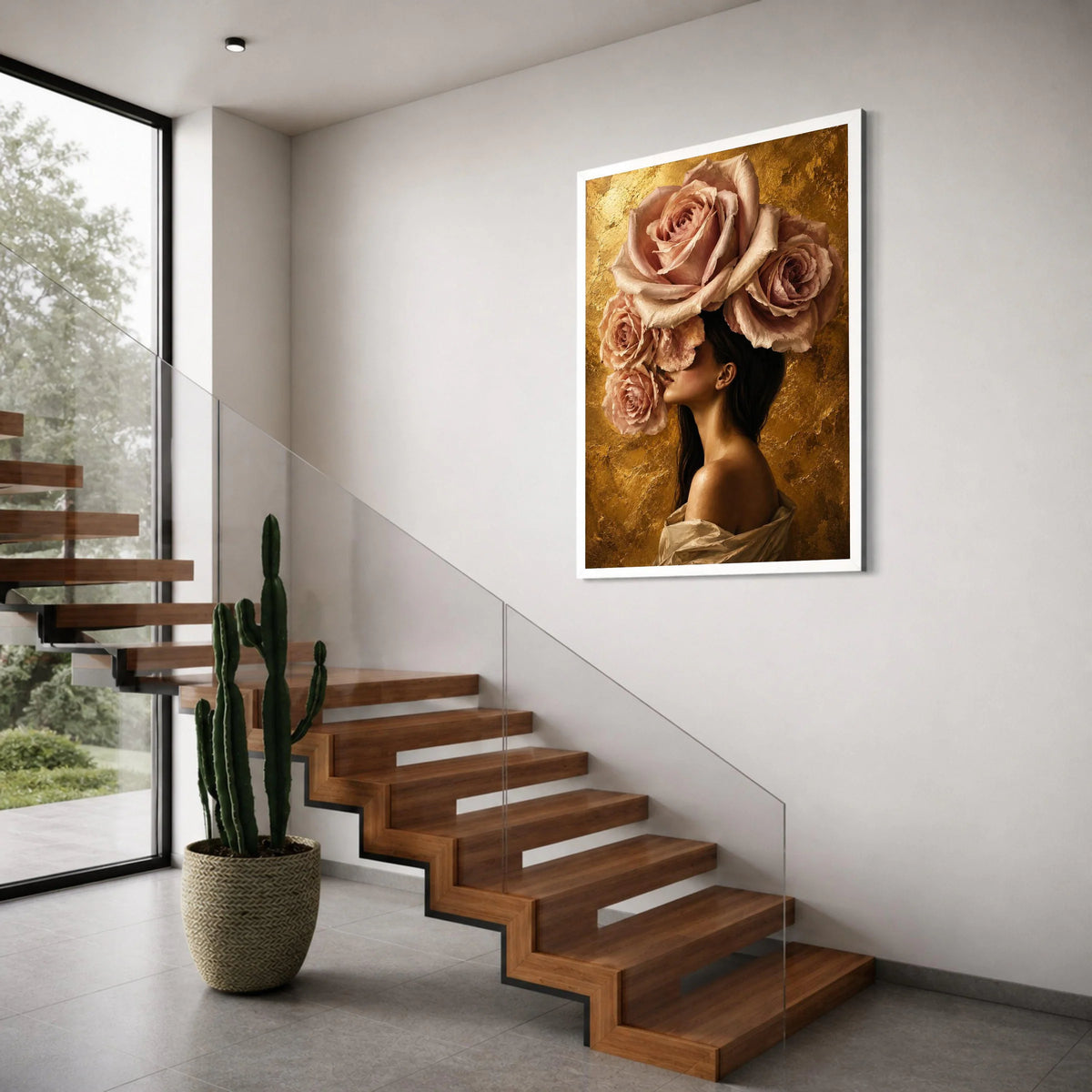 Elegant Woman with Giant Pink Roses Canvas, Floral Portrait Wall Art, Contemporary Flower Headpiece Design, Gold Background Home Print Art