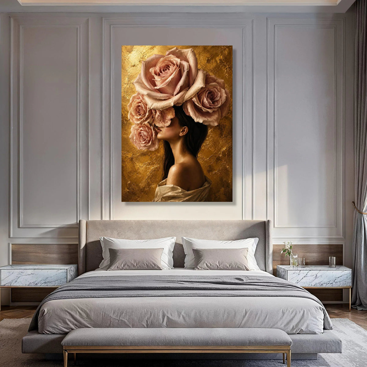 Elegant Woman with Giant Pink Roses Canvas, Floral Portrait Wall Art, Contemporary Flower Headpiece Design, Gold Background Home Print Art