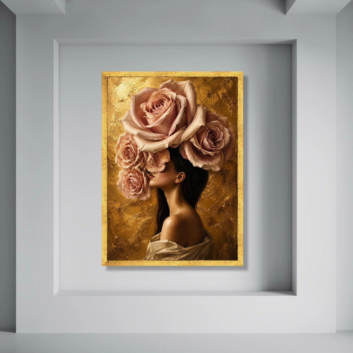 Elegant Woman with Giant Pink Roses Canvas, Floral Portrait Wall Art, Contemporary Flower Headpiece Design, Gold Background Home Print Art