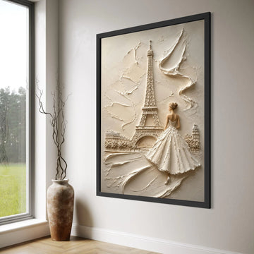 Elegant Woman Flowing Dress Near Eiffel Tower Canvas Wall Art, Paris Cityscape Canvas, Romantic Home Decoration, Fashion Wall Art Print Art