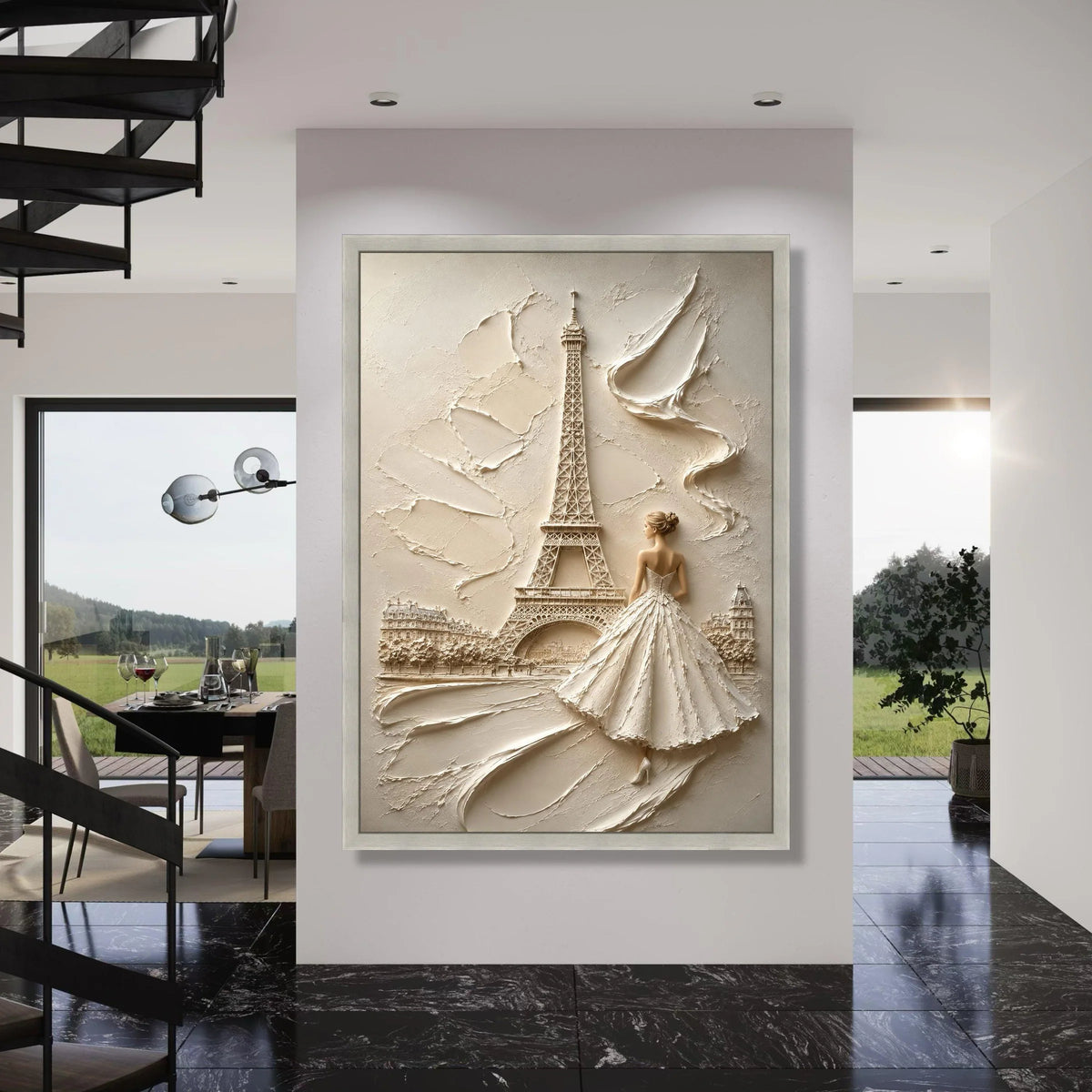 Elegant Woman Flowing Dress Near Eiffel Tower Canvas Wall Art, Paris Cityscape Canvas, Romantic Home Decoration, Fashion Wall Art Print Art