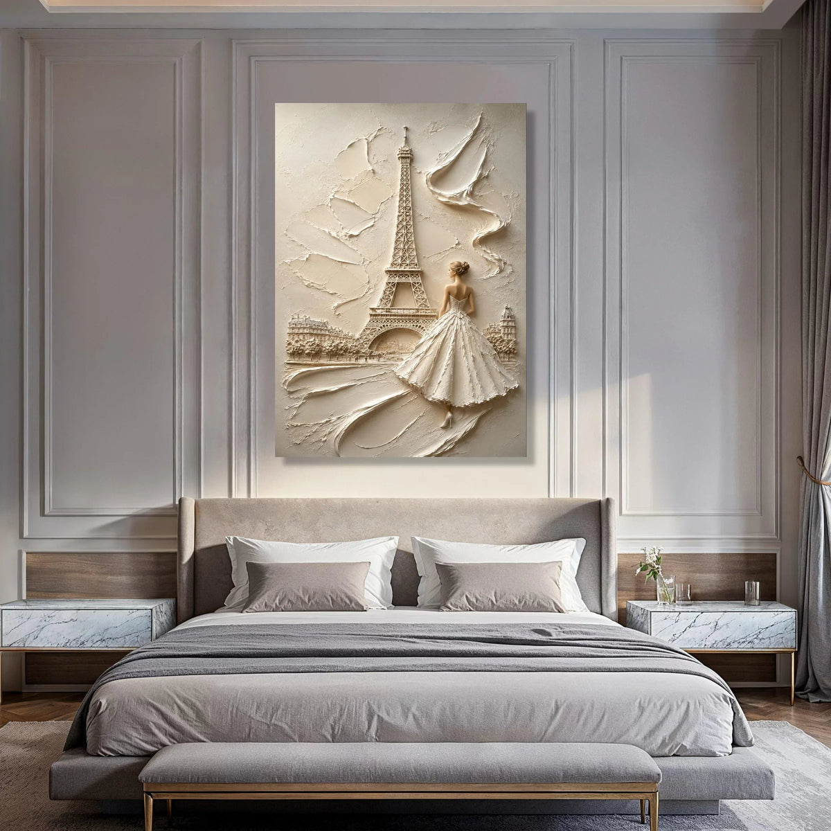 Elegant Woman Flowing Dress Near Eiffel Tower Canvas Wall Art, Paris Cityscape Canvas, Romantic Home Decoration, Fashion Wall Art Print Art