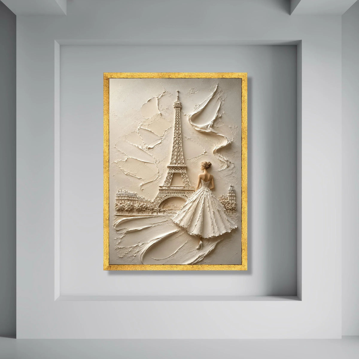 Elegant Woman Flowing Dress Near Eiffel Tower Canvas Wall Art, Paris Cityscape Canvas, Romantic Home Decoration, Fashion Wall Art Print Art