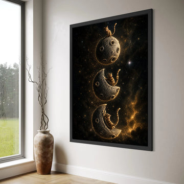 Playful Cats on Moon Canvas Wall Art, Cosmic Space Scene, Fantasy Cat Illustration, Whimsical Night Sky Canvas, Home Decoration Print Art