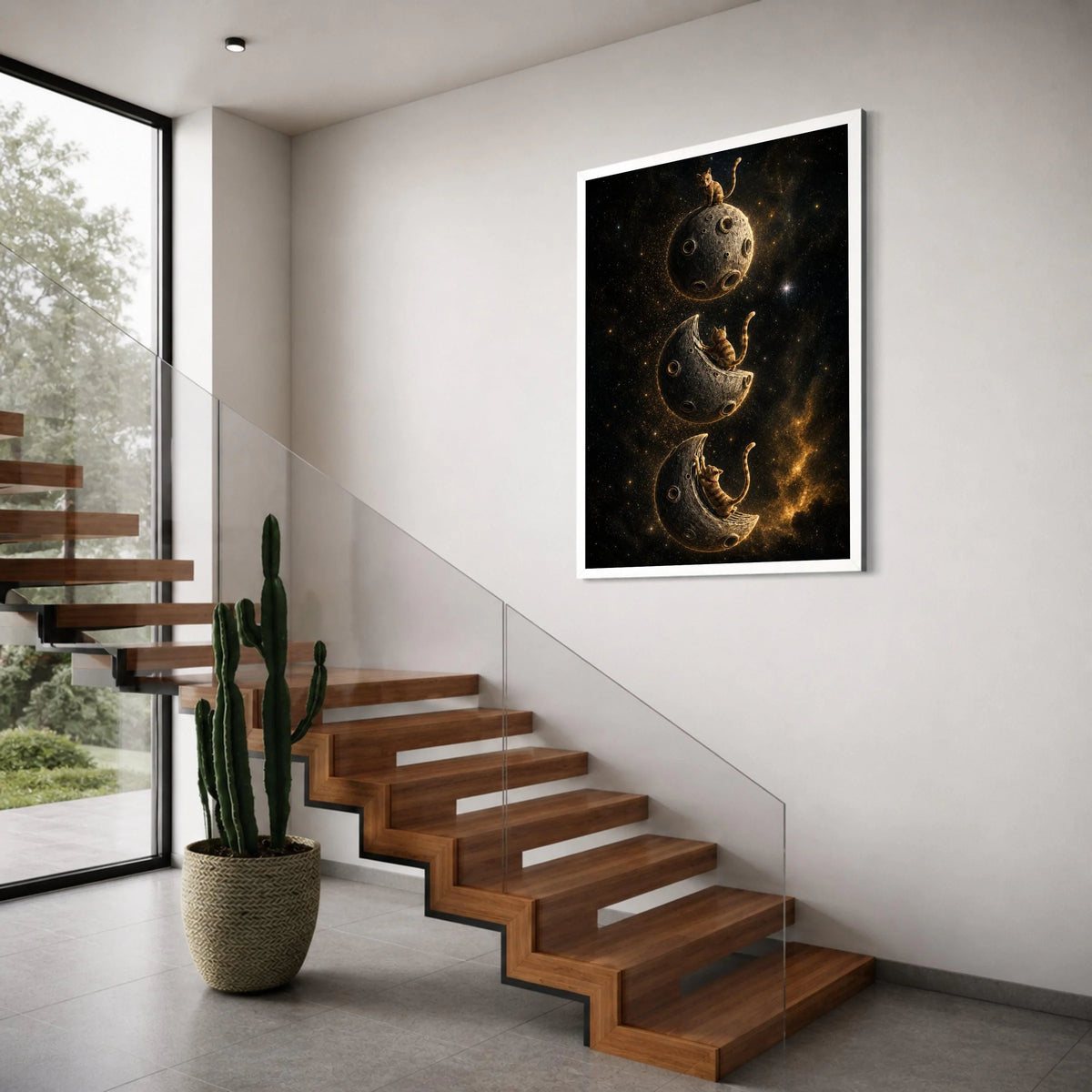 Playful Cats on Moon Canvas Wall Art, Cosmic Space Scene, Fantasy Cat Illustration, Whimsical Night Sky Canvas, Home Decoration Print Art