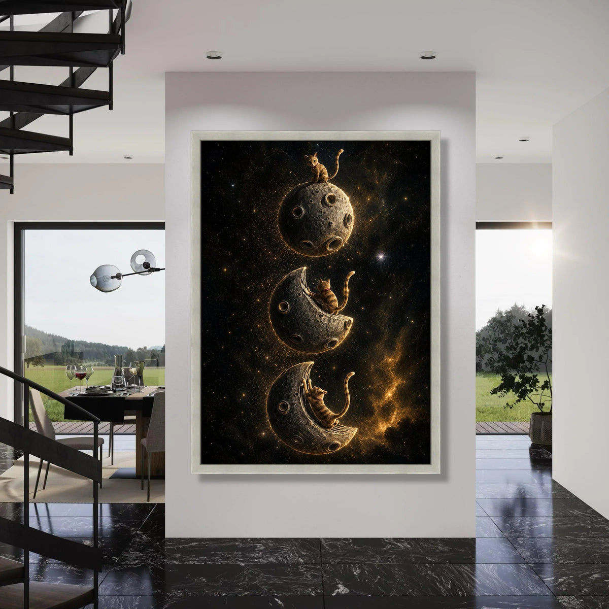 Playful Cats on Moon Canvas Wall Art, Cosmic Space Scene, Fantasy Cat Illustration, Whimsical Night Sky Canvas, Home Decoration Print Art