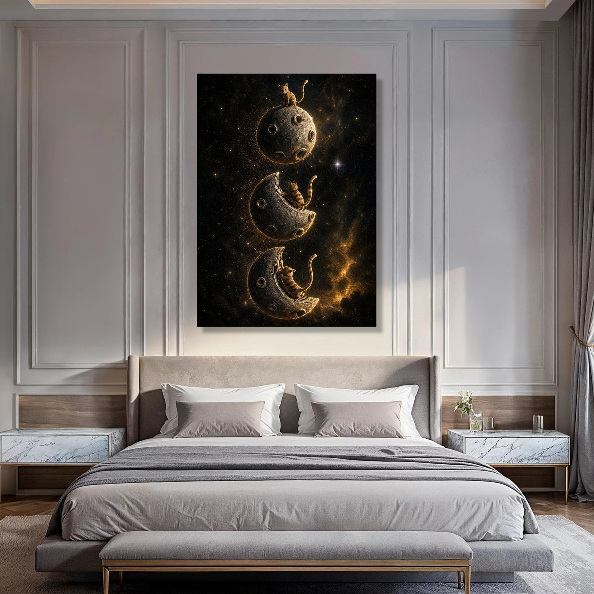 Playful Cats on Moon Canvas Wall Art, Cosmic Space Scene, Fantasy Cat Illustration, Whimsical Night Sky Canvas, Home Decoration Print Art