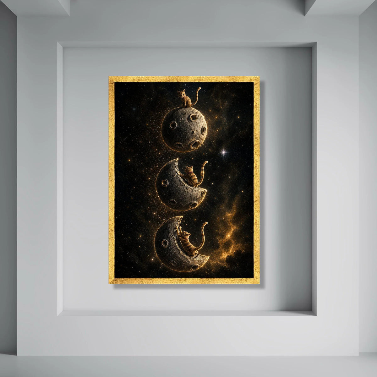 Playful Cats on Moon Canvas Wall Art, Cosmic Space Scene, Fantasy Cat Illustration, Whimsical Night Sky Canvas, Home Decoration Print Art