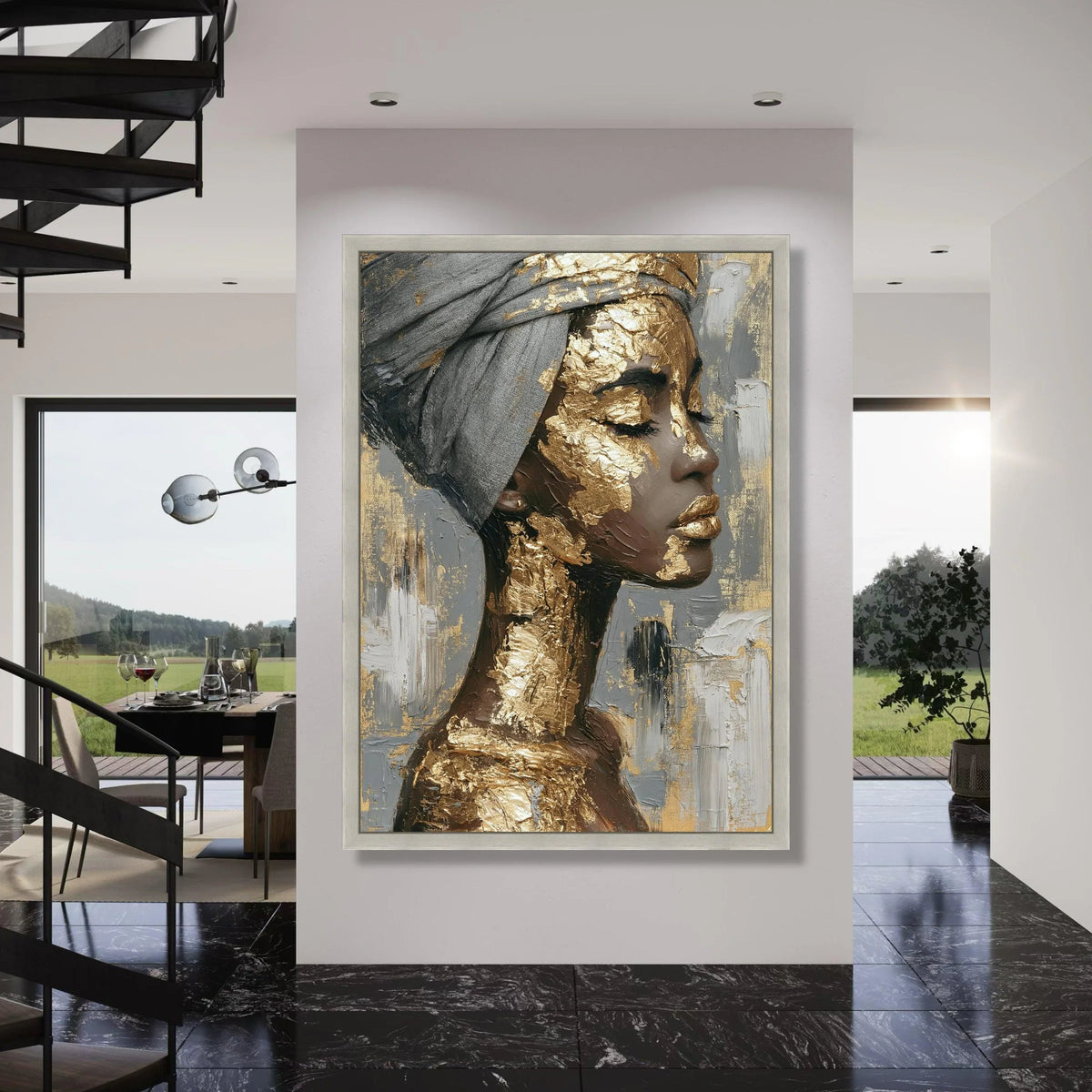 Elegant Woman Portrait Canvas Wall Art, Gold Leaf Face Design, Modern Abstract Female Profile, Sophisticated Home Decor, Ready to Print Art