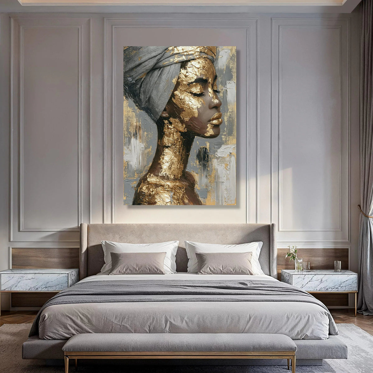 Elegant Woman Portrait Canvas Wall Art, Gold Leaf Face Design, Modern Abstract Female Profile, Sophisticated Home Decor, Ready to Print Art