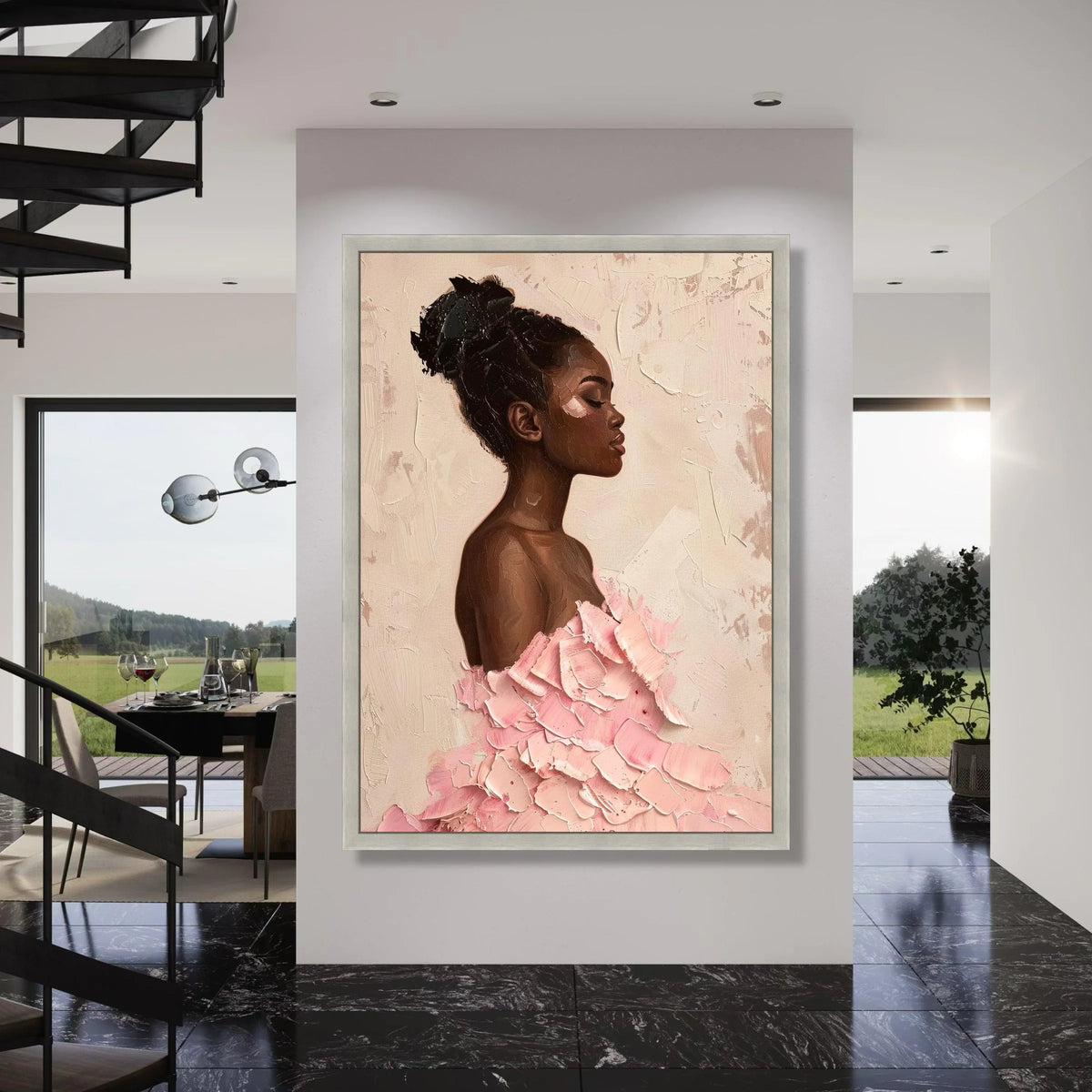 Elegant African Woman Portrait Canvas, Modern Female Art, Pink Dress Wall Decor, Contemporary Canvas Wall Art for Living Room Print Art