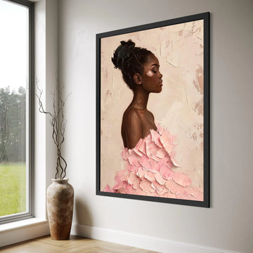 Elegant African Woman Portrait Canvas, Modern Female Art, Pink Dress Wall Decor, Contemporary Canvas Wall Art for Living Room Print Art