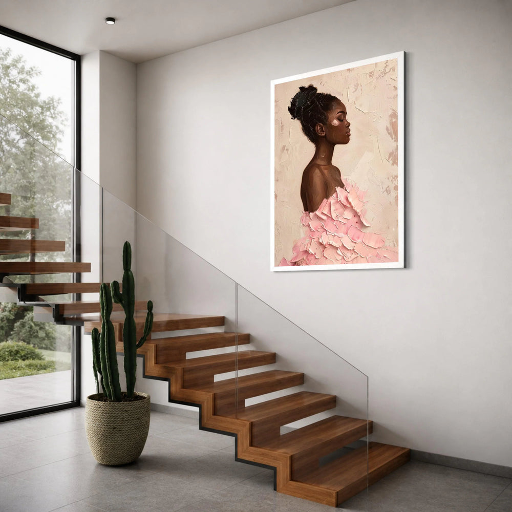 Elegant African Woman Portrait Canvas, Modern Female Art, Pink Dress Wall Decor, Contemporary Canvas Wall Art for Living Room Print Art