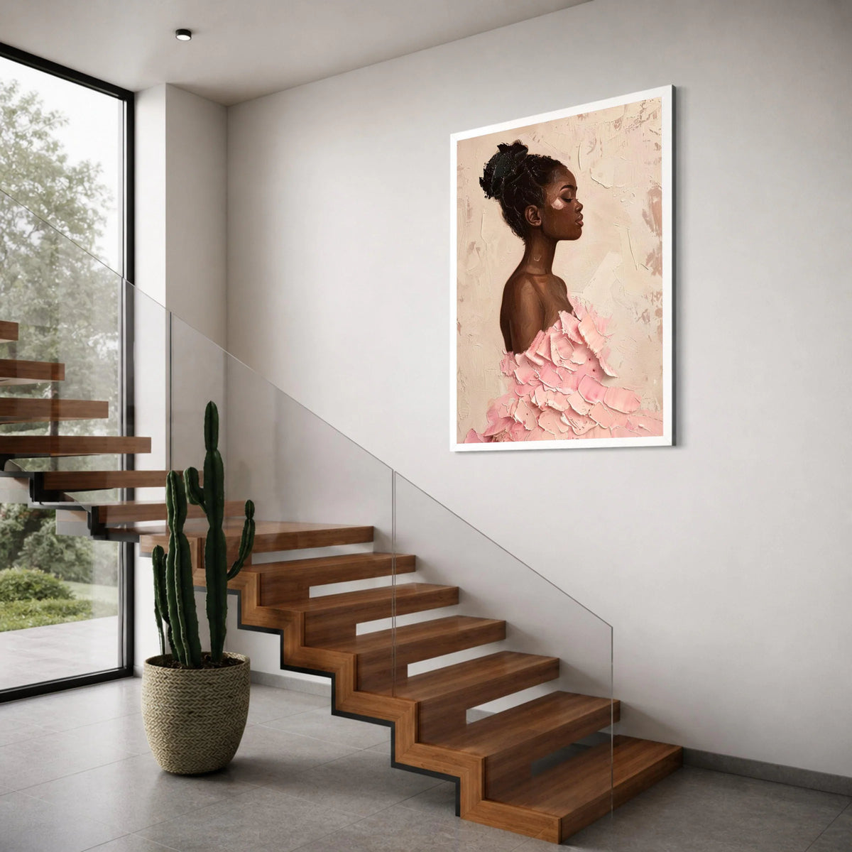 Elegant African Woman Portrait Canvas, Modern Female Art, Pink Dress Wall Decor, Contemporary Canvas Wall Art for Living Room Print Art