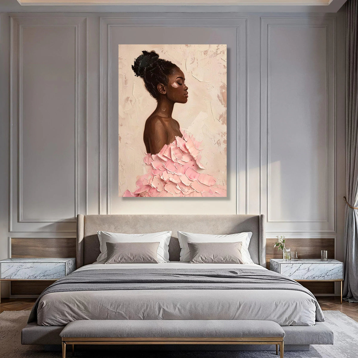 Elegant African Woman Portrait Canvas, Modern Female Art, Pink Dress Wall Decor, Contemporary Canvas Wall Art for Living Room Print Art