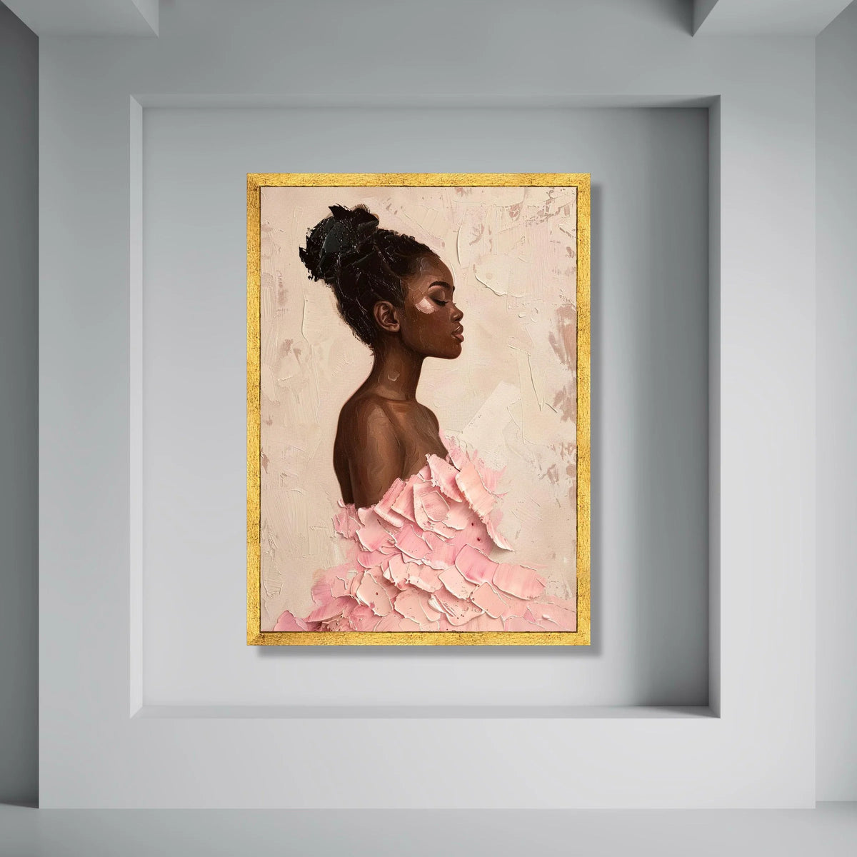Elegant African Woman Portrait Canvas, Modern Female Art, Pink Dress Wall Decor, Contemporary Canvas Wall Art for Living Room Print Art