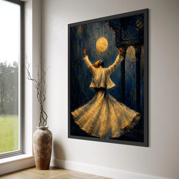 Whirling Dervish Under Full Moon, Spiritual Dance Canvas, Mystical Sufi Art, Middle Eastern Wall Decor, Night Time Meditation Print Art