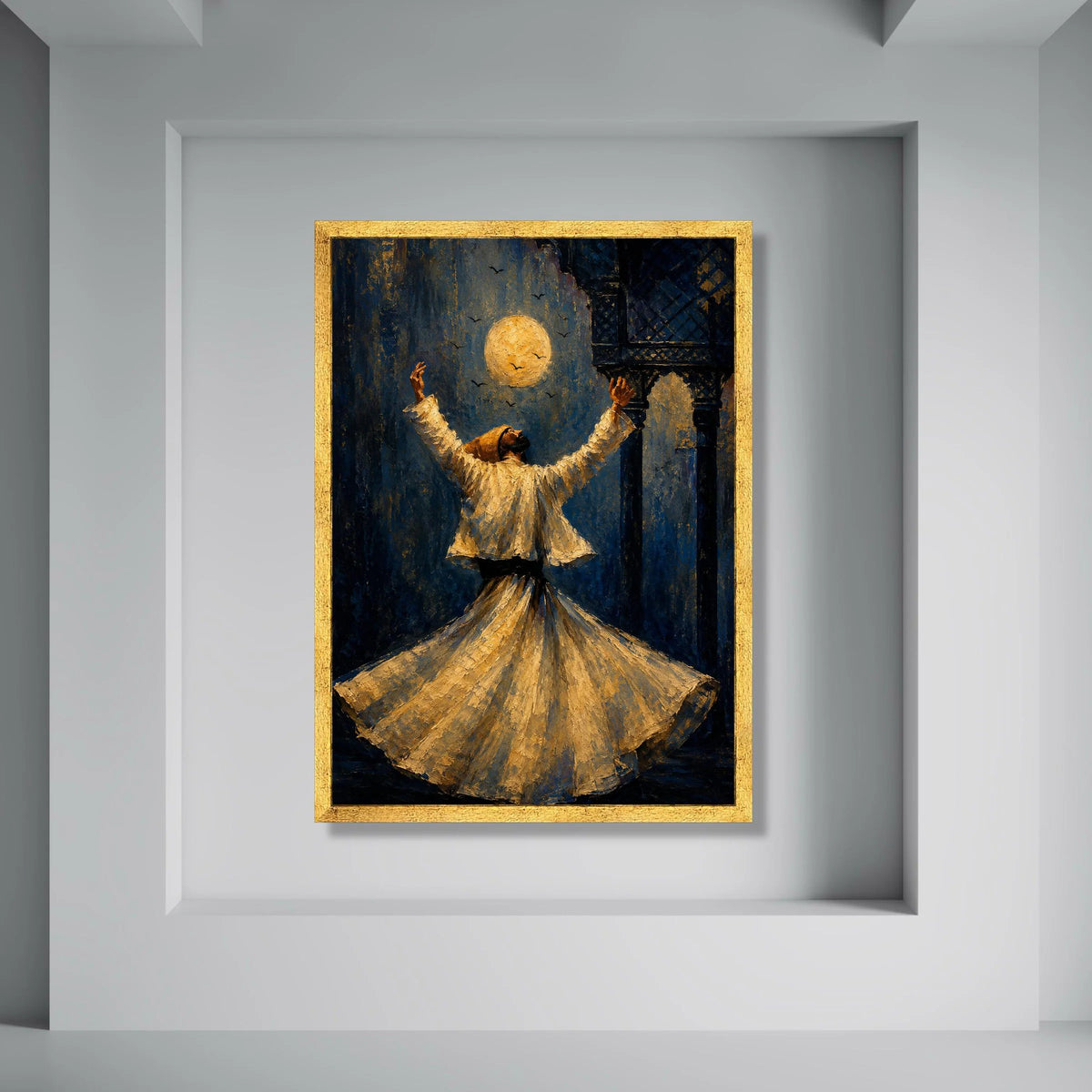 Whirling Dervish Under Full Moon, Spiritual Dance Canvas, Mystical Sufi Art, Middle Eastern Wall Decor, Night Time Meditation Print Art