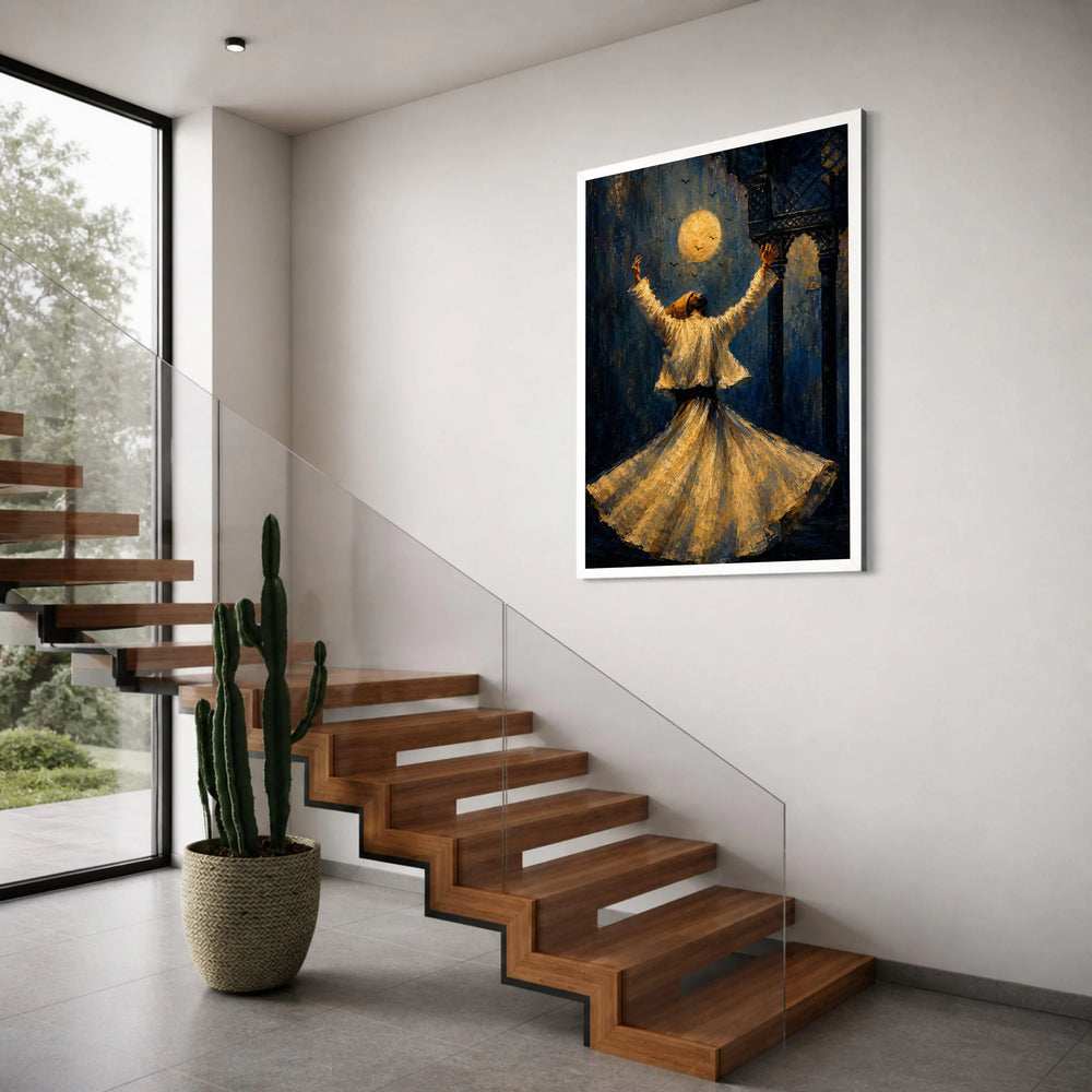 Whirling Dervish Under Full Moon, Spiritual Dance Canvas, Mystical Sufi Art, Middle Eastern Wall Decor, Night Time Meditation Print Art