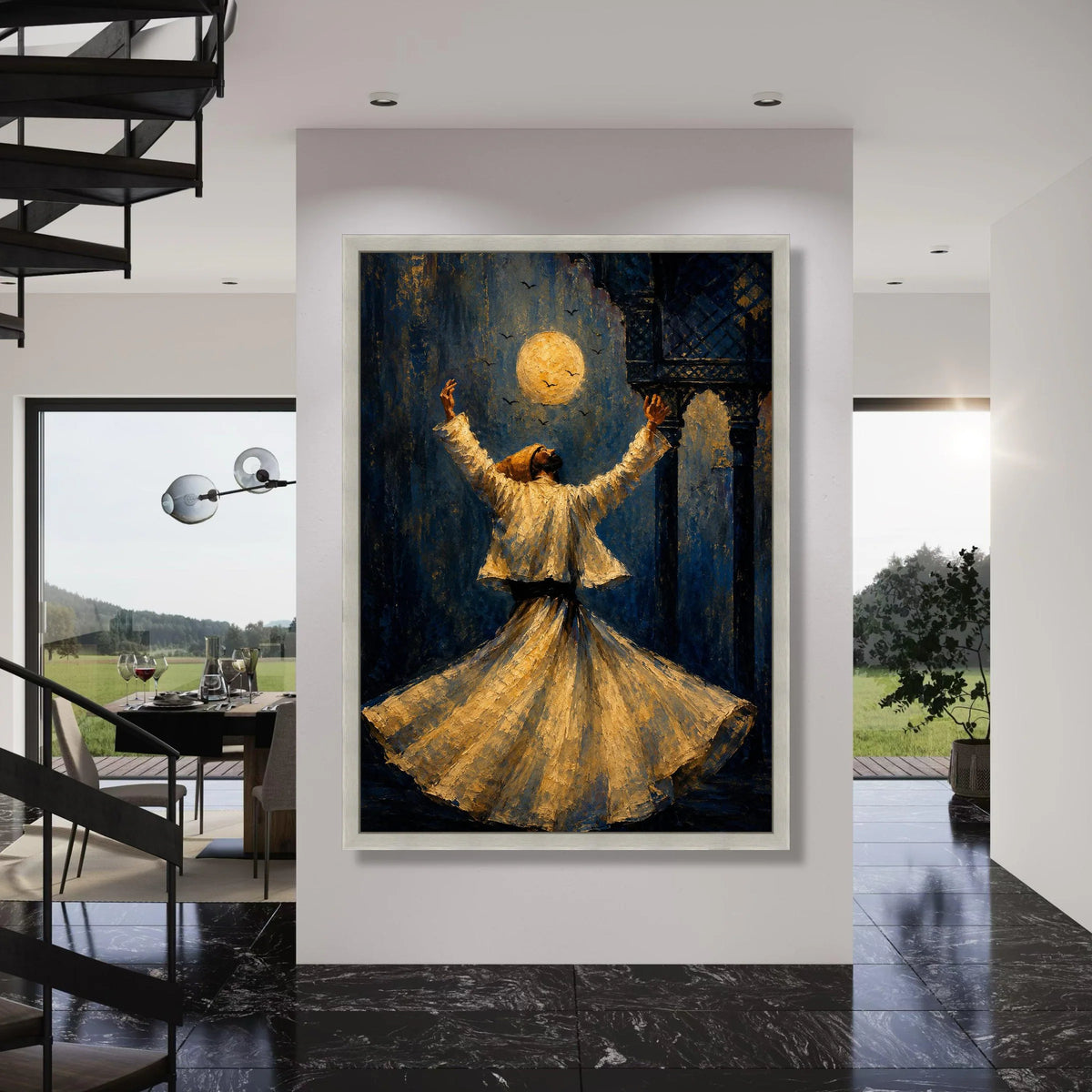 Whirling Dervish Under Full Moon, Spiritual Dance Canvas, Mystical Sufi Art, Middle Eastern Wall Decor, Night Time Meditation Print Art