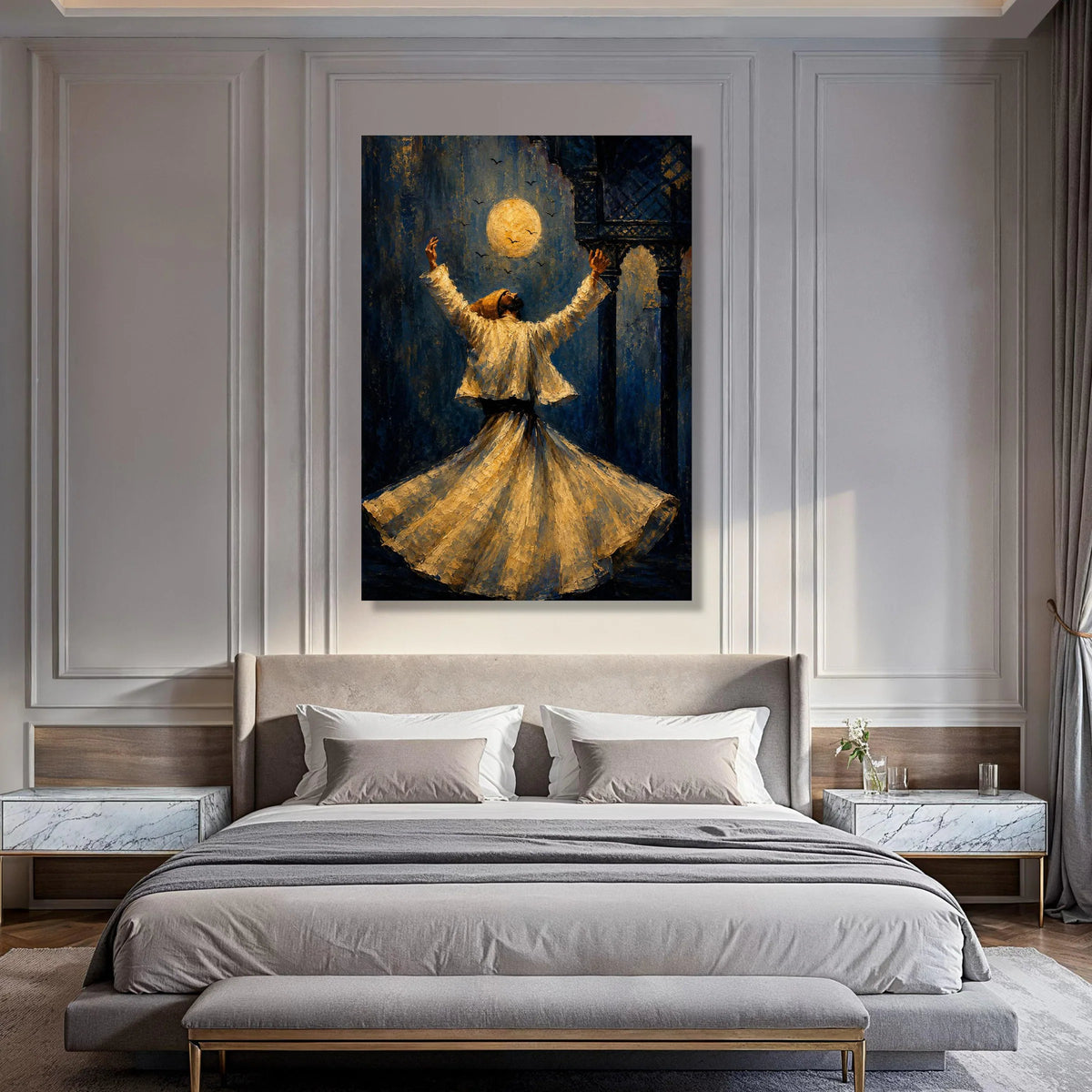 Whirling Dervish Under Full Moon, Spiritual Dance Canvas, Mystical Sufi Art, Middle Eastern Wall Decor, Night Time Meditation Print Art