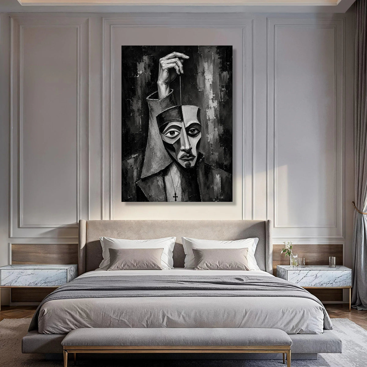 Surreal Abstract Portrait Canvas, Black and White Face Art, Expressionist Wall Decor, Modern Figurative Canvas, Moody Home Print Art