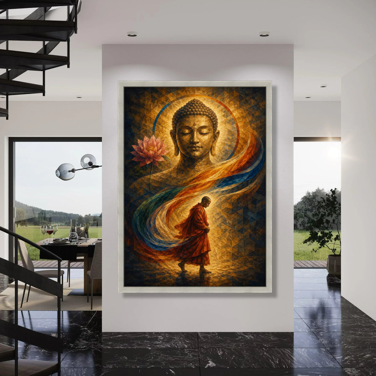 Meditative Buddha Canvas Wall Art, Buddhist Monk Walking, Spiritual Home Decor, Lotus Flower and Halo, Inspirational Meditation Print Art