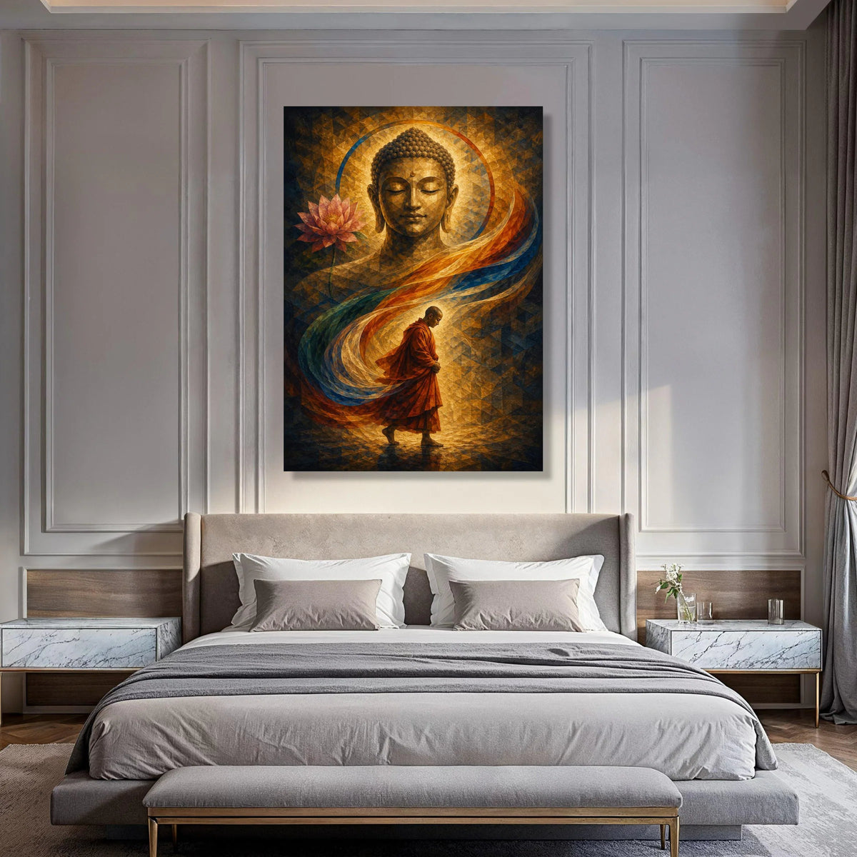 Meditative Buddha Canvas Wall Art, Buddhist Monk Walking, Spiritual Home Decor, Lotus Flower and Halo, Inspirational Meditation Print Art